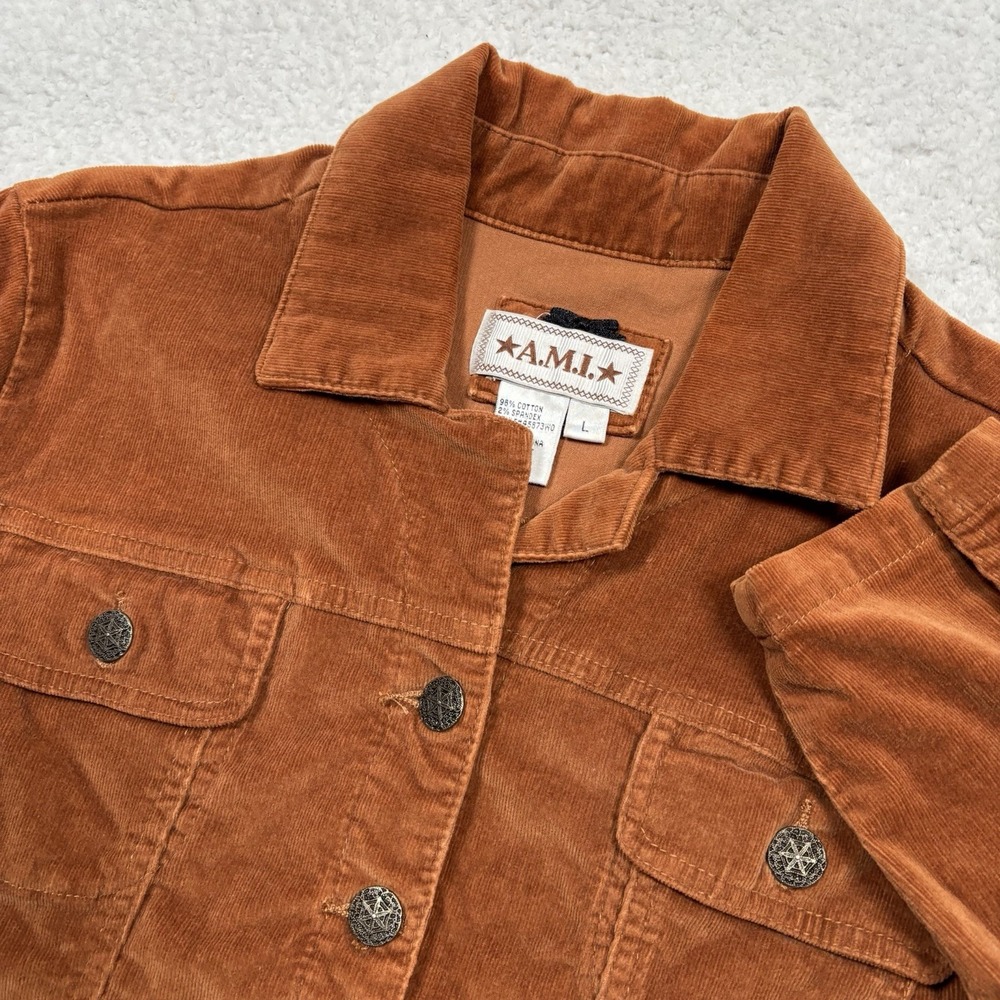 AMI Corduroy Jacket Women L (FIT S) Brownish Orange Trucker Biker Pocket Stretch